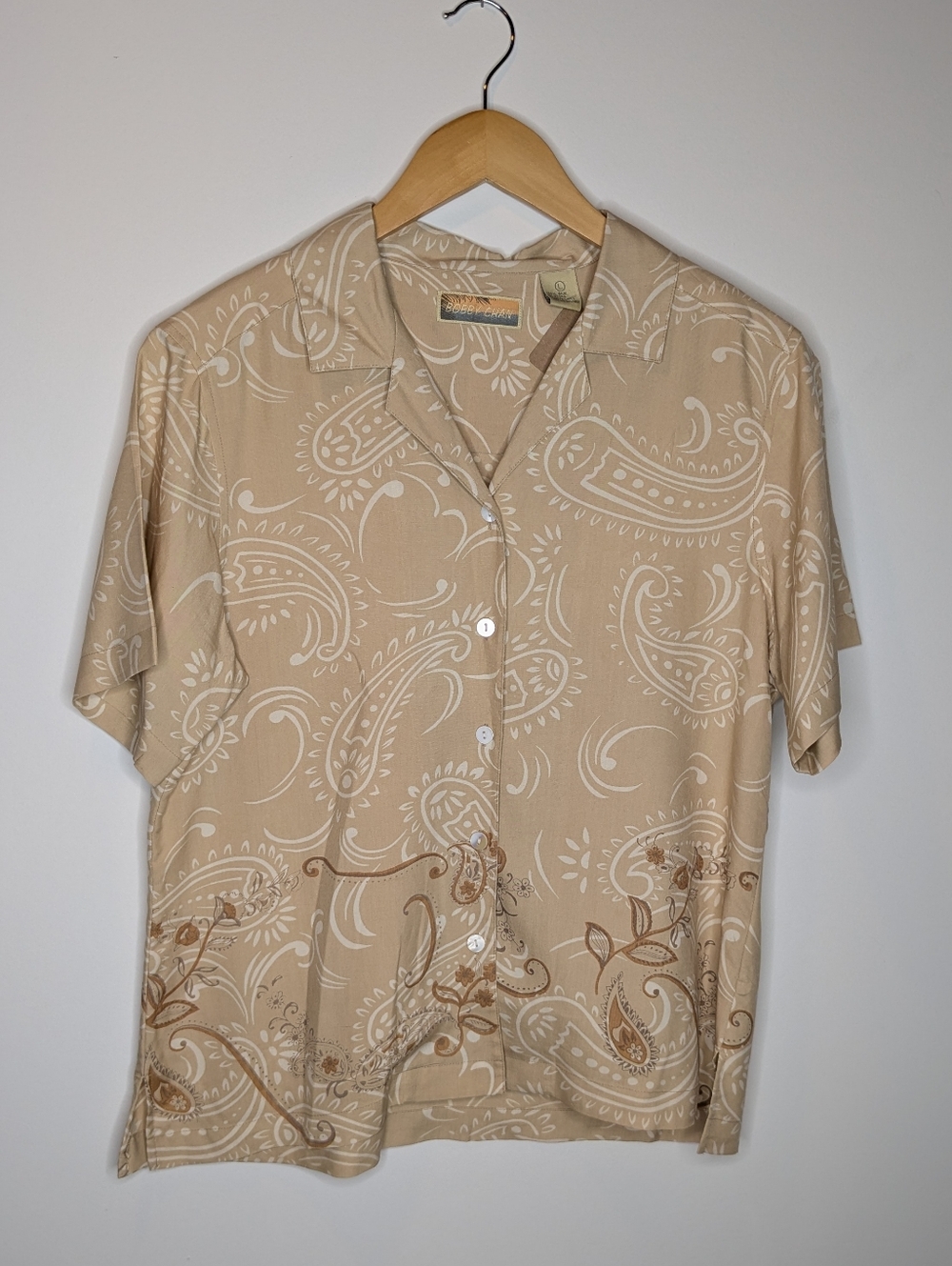 Men's Silk Beige Paisley Short Sleeve Shirt Large Button Up